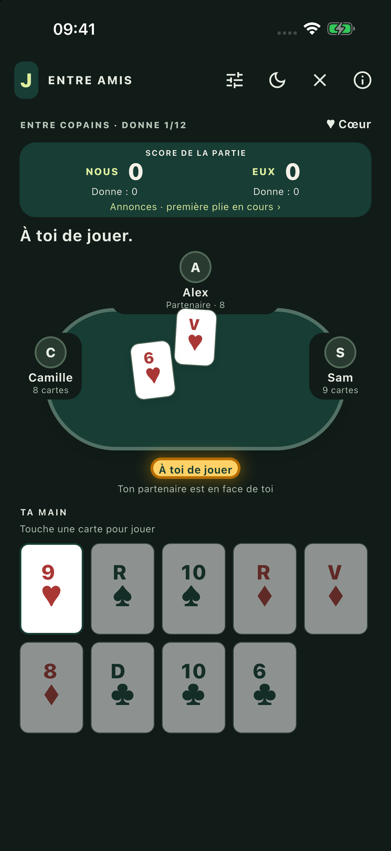 Chibre en mode nuit avec les cartes du joueur.